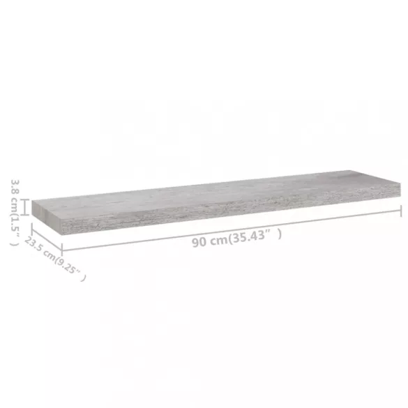 2 db betonszürke MDF lebegő fali polc 90 x 23,5 x 3,8 cm