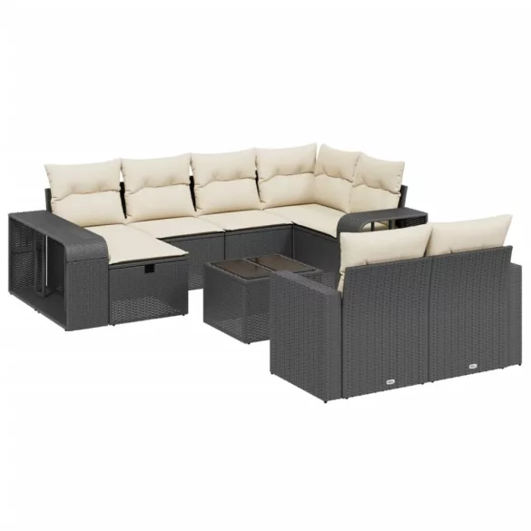 11 részes fekete polyrattan kerti ülőgarnitúra párnákkal