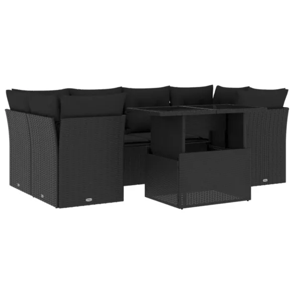 7 részes fekete polyrattan kerti ülőgarnitúra párnával
