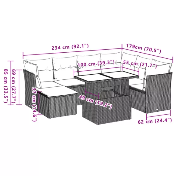 8 részes fekete polyrattan kerti ülőgarnitúra párnákkal