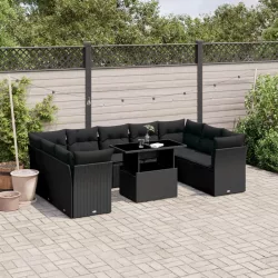   10 részes fekete polyrattan kerti ülőgarnitúra párnákkal