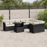 10 részes fekete polyrattan kerti ülőgarnitúra párnákkal
