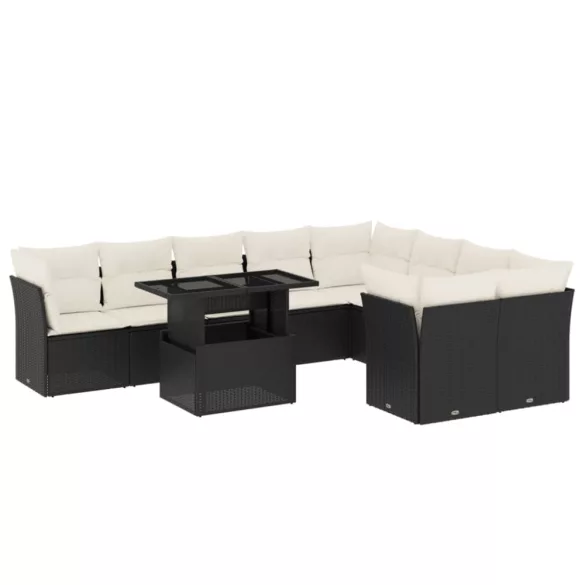 10 részes fekete polyrattan kerti ülőgarnitúra párnákkal