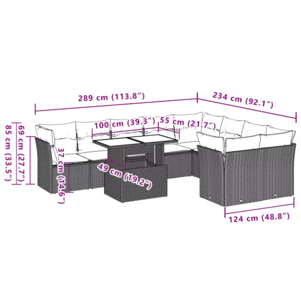 10 részes szürke polyrattan kerti ülőgarnitúra párnákkal