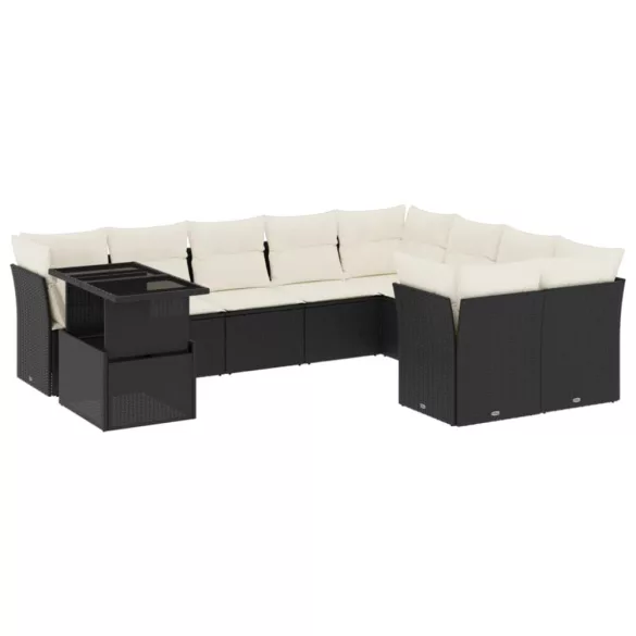 10 részes fekete polyrattan kerti ülőgarnitúra párnákkal