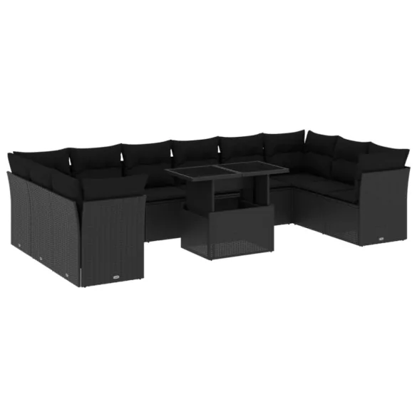 11 részes fekete polyrattan kerti ülőgarnitúra párnákkal