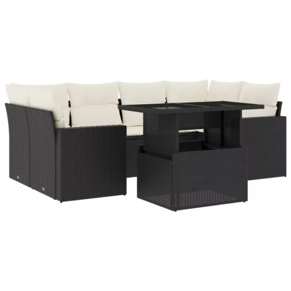 7 részes fekete polyrattan kerti ülőgarnitúra párnával