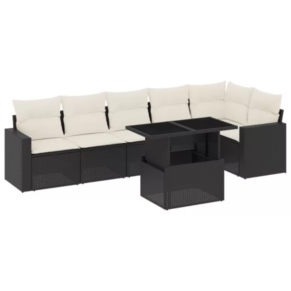 7 részes fekete polyrattan kerti ülőgarnitúra párnával