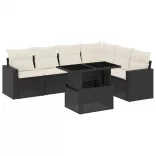 7 részes fekete polyrattan kerti ülőgarnitúra párnával