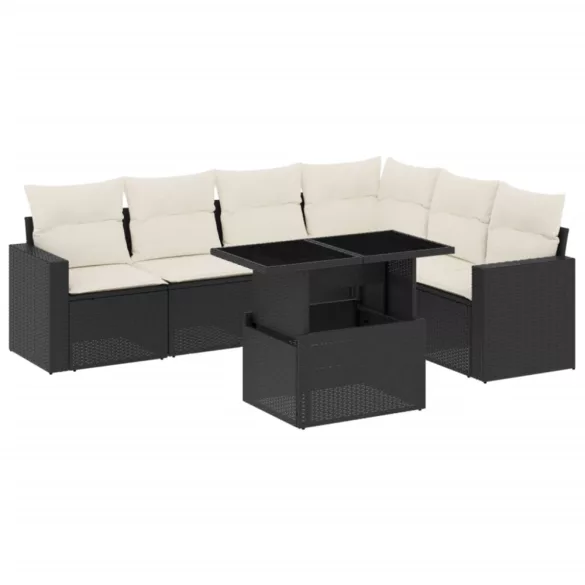 7 részes fekete polyrattan kerti ülőgarnitúra párnával