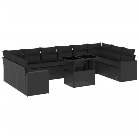 11 részes fekete polyrattan kerti ülőgarnitúra párnákkal