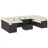 11 részes fekete polyrattan kerti ülőgarnitúra párnákkal