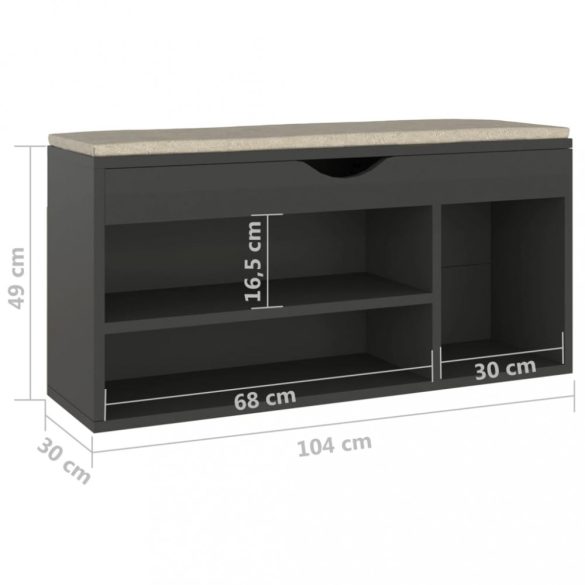 szürke szerelt fa cipőtároló pad párnával 104 x 30 x 49 cm