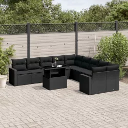   11 részes fekete polyrattan kerti ülőgarnitúra párnákkal