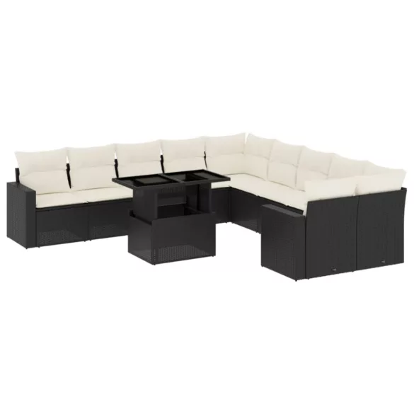 11 részes fekete polyrattan kerti ülőgarnitúra párnákkal