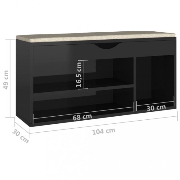 magasfényű fekete cipőtároló pad párnával 104 x 30 x 49 cm