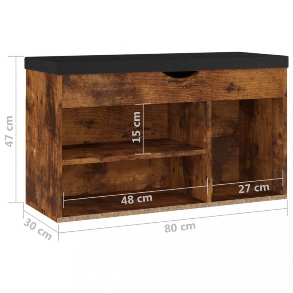 füstös tölgy szerelt fa cipőtároló pad párnával 80 x 30 x 47 cm