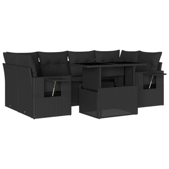 7 részes fekete polyrattan kerti ülőgarnitúra párnával