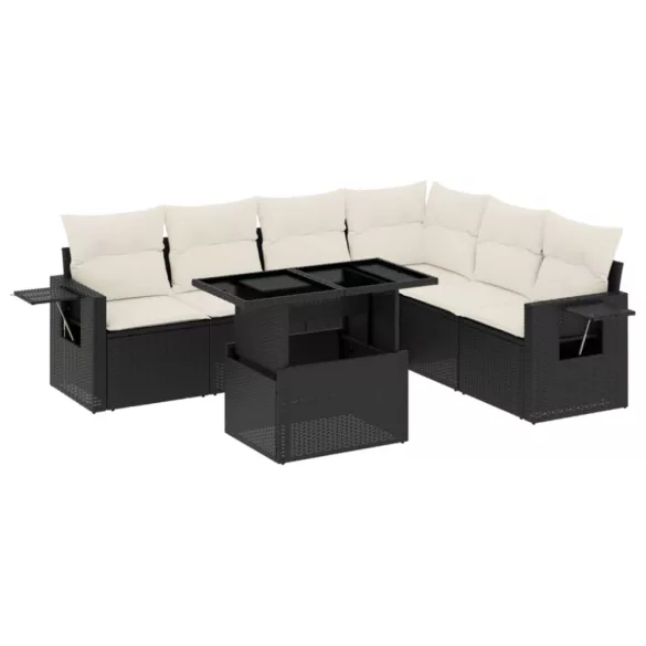 7 részes fekete polyrattan kerti ülőgarnitúra párnával
