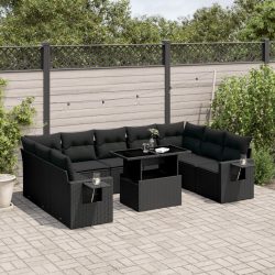   10 részes fekete polyrattan kerti ülőgarnitúra párnákkal