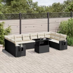   11 részes fekete polyrattan kerti ülőgarnitúra párnákkal