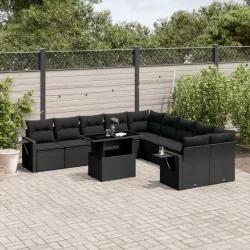   11 részes fekete polyrattan kerti ülőgarnitúra párnákkal