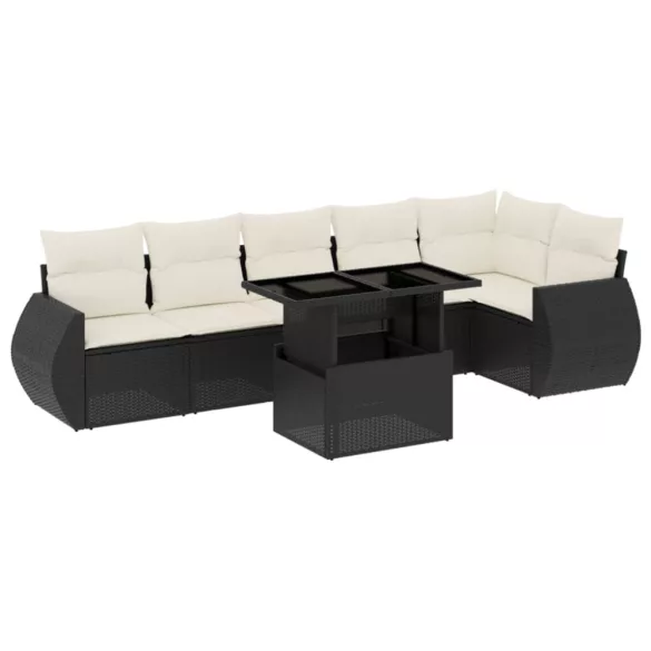7 részes fekete polyrattan kerti ülőgarnitúra párnával