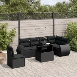 7 részes fekete polyrattan kerti ülőgarnitúra párnával