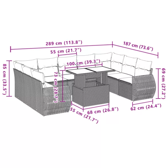 10 részes fekete polyrattan kerti ülőgarnitúra párnákkal