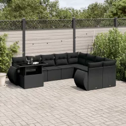   10 részes fekete polyrattan kerti ülőgarnitúra párnákkal