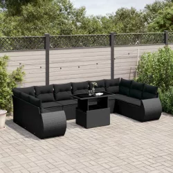   11 részes fekete polyrattan kerti ülőgarnitúra párnákkal