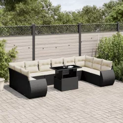   11 részes fekete polyrattan kerti ülőgarnitúra párnákkal