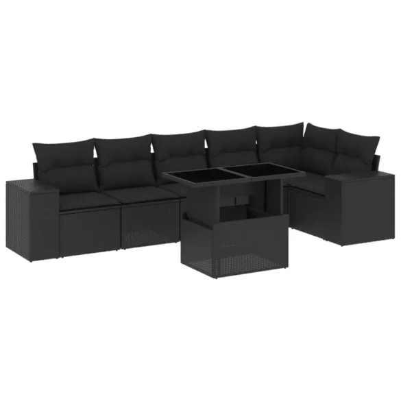 7 részes fekete polyrattan kerti ülőgarnitúra párnával