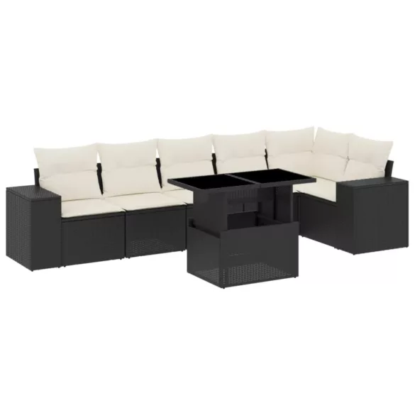 7 részes fekete polyrattan kerti ülőgarnitúra párnával