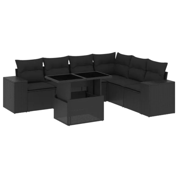 7 részes fekete polyrattan kerti ülőgarnitúra párnával