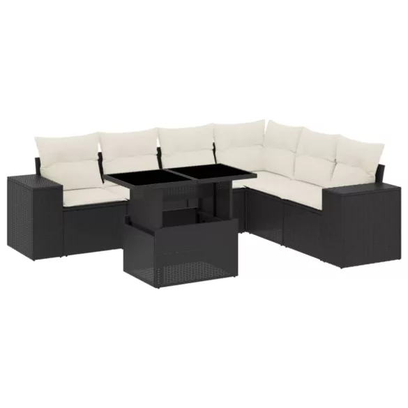 7 részes fekete polyrattan kerti ülőgarnitúra párnával
