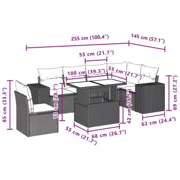 7 részes fekete polyrattan kerti ülőgarnitúra párnával