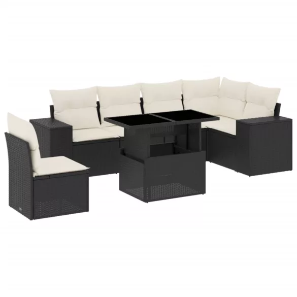 7 részes fekete polyrattan kerti ülőgarnitúra párnával