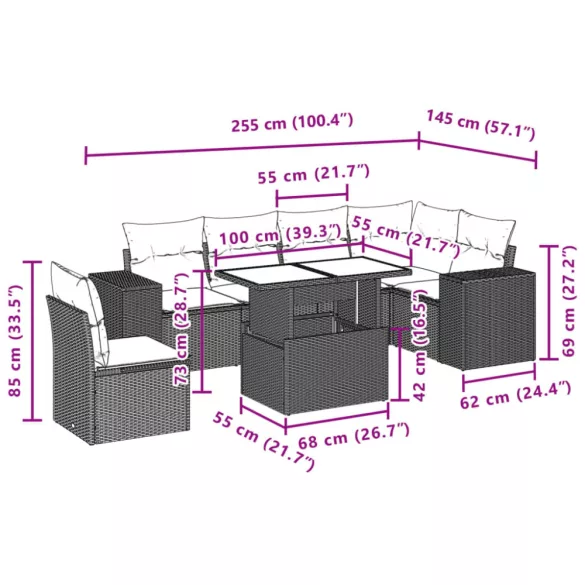 7 részes fekete polyrattan kerti ülőgarnitúra párnával