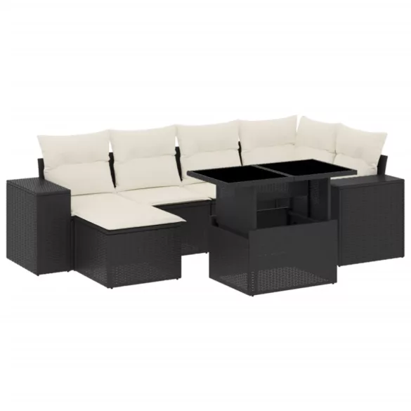 7 részes fekete polyrattan kerti ülőgarnitúra párnával