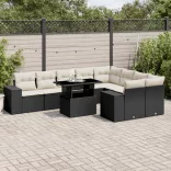 10 részes fekete polyrattan kerti ülőgarnitúra párnákkal