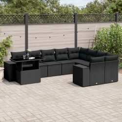   10 részes fekete polyrattan kerti ülőgarnitúra párnákkal