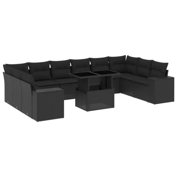 11 részes fekete polyrattan kerti ülőgarnitúra párnákkal