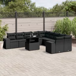   11 részes fekete polyrattan kerti ülőgarnitúra párnákkal