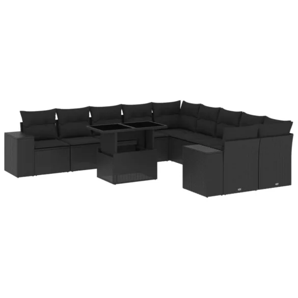 11 részes fekete polyrattan kerti ülőgarnitúra párnákkal