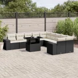 11 részes fekete polyrattan kerti ülőgarnitúra párnákkal