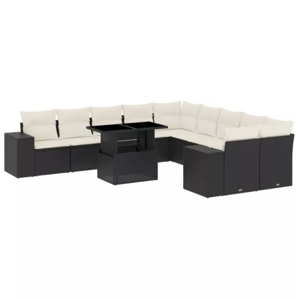 11 részes fekete polyrattan kerti ülőgarnitúra párnákkal