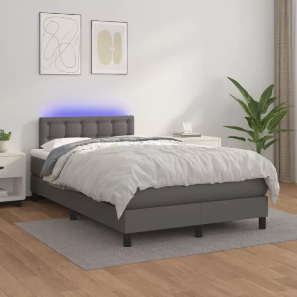 szürke műbőr rugós és LED-es ágy matraccal 120x190 cm