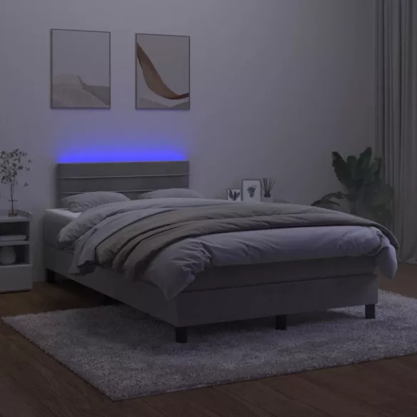 világosszürke bársony rugós és LED-es ágy matraccal 120x190 cm
