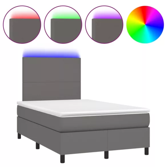 szürke műbőr rugós és LED-es ágy matraccal 120x190 cm